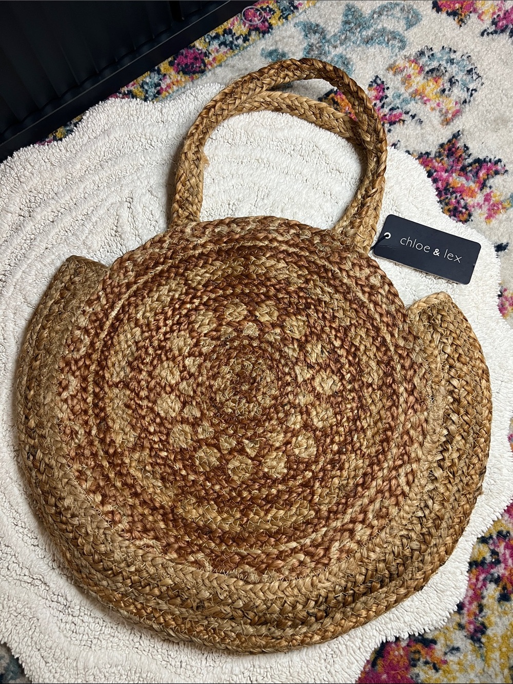 Chloe & Lex JUTE ROUND TOTE CARAMEL Brown Tan MANDALA Summer Beach Bag